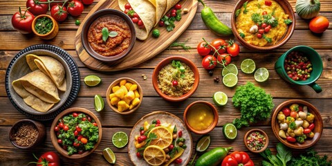 Variety of Mexican dishes on a table , Tacos, Burritos, Quesadillas, Chili, Fajitas, Tortillas, Mexican cuisine, Food