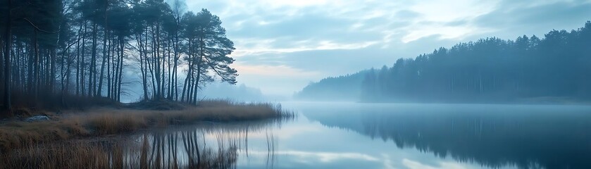 Fototapeta premium Misty Lake Morning - Tranquil Reflection in a Foggy Forest Landscape Photo