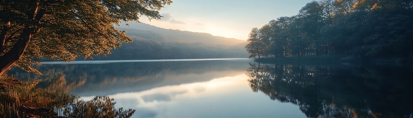 Fototapeta premium Serene Lake Landscape Photo with Tree Reflections and Golden Hour Light