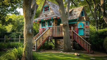 Wooden treehouse with a balcony and ladder in a backyard surrounded by green trees. Elevated playhouse in a garden setting. Generative by AI