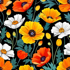 seamless pattern with flowers, argyle daisy poppy marigolds pattern overlay in bright jewel tones black white cartoon drawing	