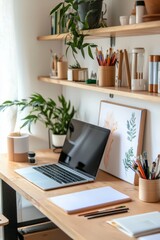 Fototapeta premium A minimalist creative studio workspace with a clean desk, laptop, and organized shelves of art supplies
