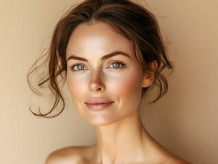 Fototapeta premium Portrait of beautiful English woman model with perfect fresh clean skin on beige background.