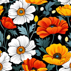 seamless pattern with flowers, argyle daisy poppy marigolds pattern overlay in bright jewel tones black white cartoon drawing	