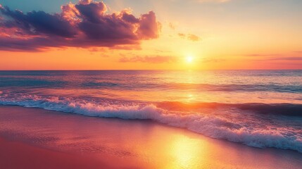 A serene sunset over the ocean, reflecting vibrant colors on the water's surface.