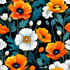 seamless pattern with flowers, argyle daisy poppy marigolds pattern overlay in bright jewel tones black white cartoon drawing	