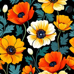 seamless pattern with flowers, argyle daisy poppy marigolds pattern overlay in bright jewel tones black white cartoon drawing	
