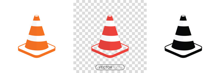 Traffic cone vector icon set. Orange plastic striped traffic cone icon in construction industrial, safety Equipment and Road token icon. Three Signal Cones Isolated Transparent Background. Vector 
