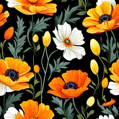 seamless pattern with flowers, argyle daisy poppy marigolds pattern overlay in bright jewel tones black white cartoon drawing	