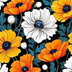seamless pattern with flowers, argyle daisy poppy marigolds pattern overlay in bright jewel tones black white cartoon drawing	