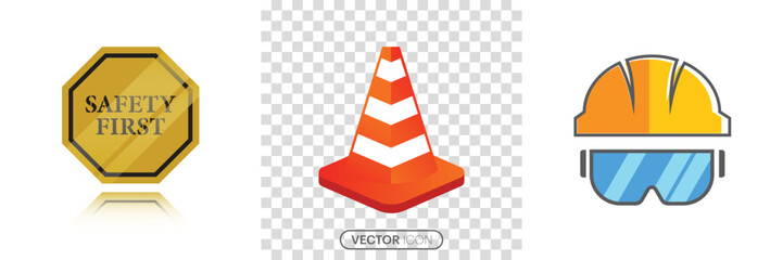 Traffic cone icon and safety first road sign set. Construction worker project protective helmet icon, doodle traffic cone drawing icon sketch white and orange under construction protect. Vector 