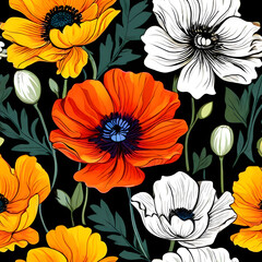 seamless pattern with flowers, argyle daisy poppy marigolds pattern overlay in bright jewel tones black white cartoon drawing	