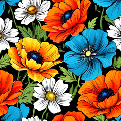 seamless pattern with flowers, argyle daisy poppy marigolds pattern overlay in bright jewel tones black white cartoon drawing	