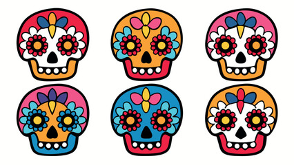 Obraz premium Colorful sugar skulls icon set, Dia de los Muertos theme, vibrant palette, web design, isolated icons, traditional Mexican style with bright colors.