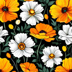 seamless pattern with flowers, argyle daisy poppy marigolds pattern overlay in bright jewel tones black white cartoon drawing	