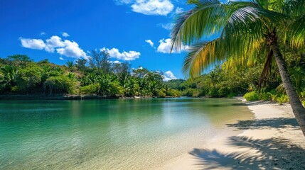 A serene tropical beach with clear water, palm trees, and a bright blue sky.