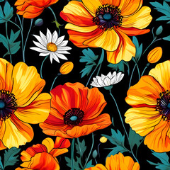 seamless pattern with flowers, argyle daisy poppy marigolds pattern overlay in bright jewel tones black white cartoon drawing	