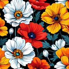 seamless pattern with flowers, argyle daisy poppy marigolds pattern overlay in bright jewel tones black white cartoon drawing	