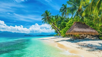 A serene tropical beach with palm trees and a thatched hut by turquoise waters.