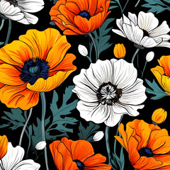seamless pattern with flowers, argyle daisy poppy marigolds pattern overlay in bright jewel tones black white cartoon drawing	