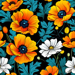 seamless pattern with flowers, argyle daisy poppy marigolds pattern overlay in bright jewel tones black white cartoon drawing	