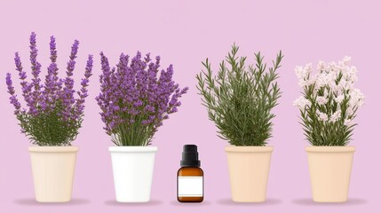 Aesthetic arrangement of potted herbs and essential oil on a pastel background, showcasing natural beauty and wellness.