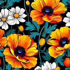 seamless pattern with flowers, argyle daisy poppy marigolds pattern overlay in bright jewel tones black white cartoon drawing	