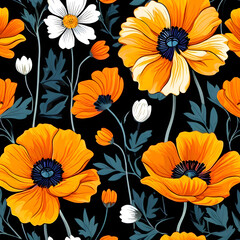 seamless pattern with flowers, argyle daisy poppy marigolds pattern overlay in bright jewel tones black white cartoon drawing	