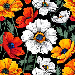 seamless pattern with flowers, argyle daisy poppy marigolds pattern overlay in bright jewel tones black white cartoon drawing	