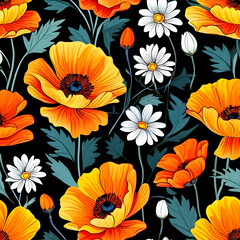 seamless pattern with flowers, argyle daisy poppy marigolds pattern overlay in bright jewel tones black white cartoon drawing	