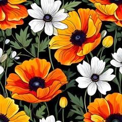 seamless pattern with flowers, argyle daisy poppy marigolds pattern overlay in bright jewel tones black white cartoon drawing	