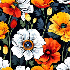 seamless pattern with flowers, argyle daisy poppy marigolds pattern overlay in bright jewel tones black white cartoon drawing	
