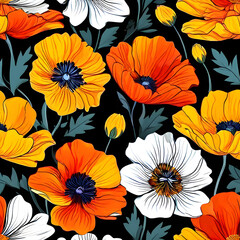seamless pattern with flowers, argyle daisy poppy marigolds pattern overlay in bright jewel tones black white cartoon drawing	