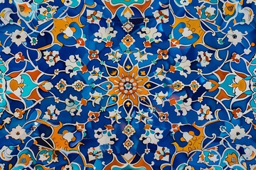 Intricate Blue and Gold Islamic Tile Pattern Illustration