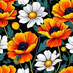 seamless pattern with flowers, argyle daisy poppy marigolds pattern overlay in bright jewel tones black white cartoon drawing	