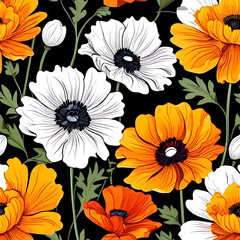 seamless pattern with flowers, argyle daisy poppy marigolds pattern overlay in bright jewel tones black white cartoon drawing	