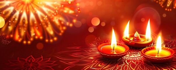 Festive Diyas with Firework Background for Diwali