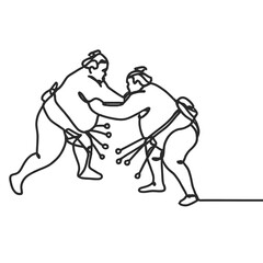 Japanese wrestler, sumo one line art. Continuous line drawing japan, fight, obesity, big man, person, pre-fight greeting, athlete, training, form, sport.
