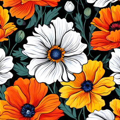 seamless pattern with flowers, argyle daisy poppy marigolds pattern overlay in bright jewel tones black white cartoon drawing	