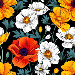 seamless pattern with flowers, argyle daisy poppy marigolds pattern overlay in bright jewel tones black white cartoon drawing	
