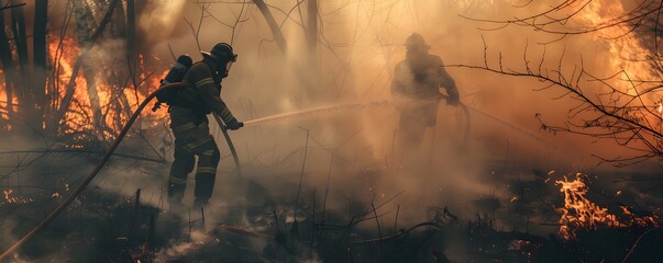 Obraz premium Firefighters Battling a Forest Fire with Smoke and Flames Surrounding Them