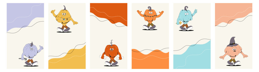 Happy Halloween background set for Instagram stories templates. Social media frame with groovy character pumpkin. Vector flat posters