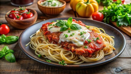 Chicken parmesan with marinara sauce and spaghetti