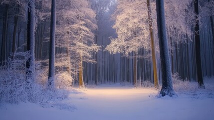 Naklejka premium A serene winter forest scene illuminated by soft light, surrounded by snow-covered trees.