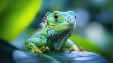 Fototapeta premium Green iguana posing on a branch in a tropical forest