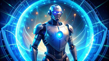 Glowing energy shield surrounds a futuristic robotic entity, radiating vibrant electric blue light, protecting it from an unknown exterior threat or environment.