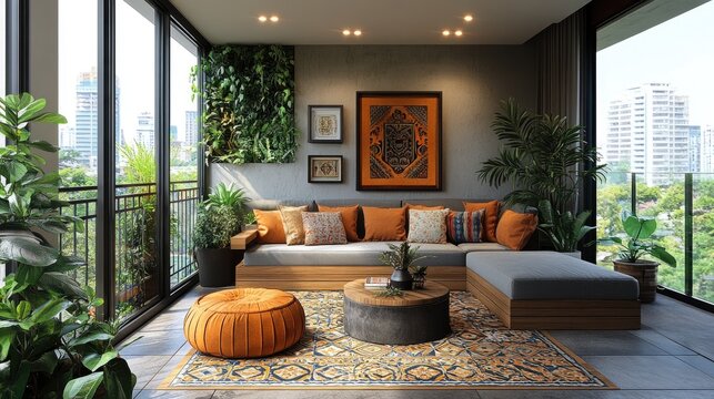 Modern chic balcony design featuring lush greenery and vibrant tile