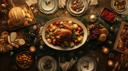 Fototapeta premium A beautifully decorated Christmas table setting with a roasted chicken, bread, fruit, and candles.