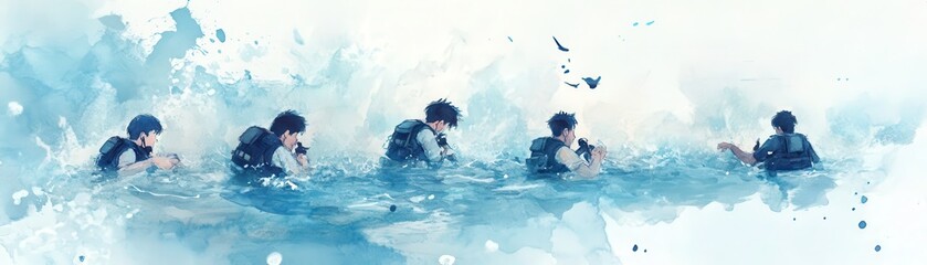 A watercolor illustration of people swimming, capturing the fluidity and motion of water and the joy of aquatic activities.