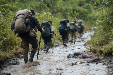 A group of hikers trekking through a muddy trail surrounded by lush greenery, showcasing adventure and outdoor exploration.